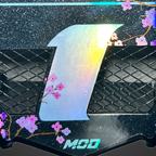 Close-up of the holographic number and mesh vents on the vented plate