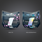White vinyl and holographic vinyl vented plates side by side